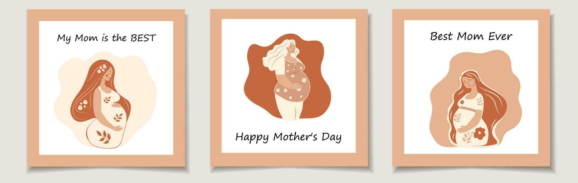 Set of three cards with Mother's Day. Portrait of beautiful young pregnant women. Concept of pregnancy and motherhood. Flat vector illustration.