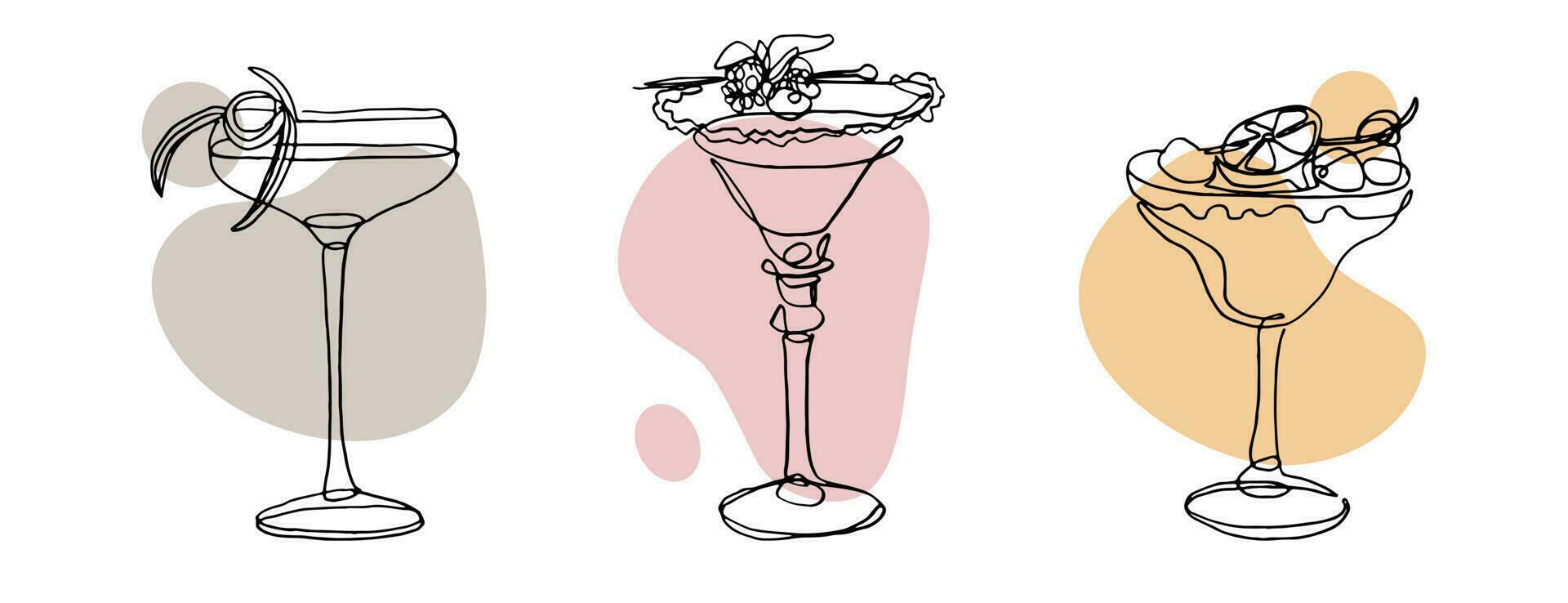 continuous line drawing of exotic cocktail drinks. vector