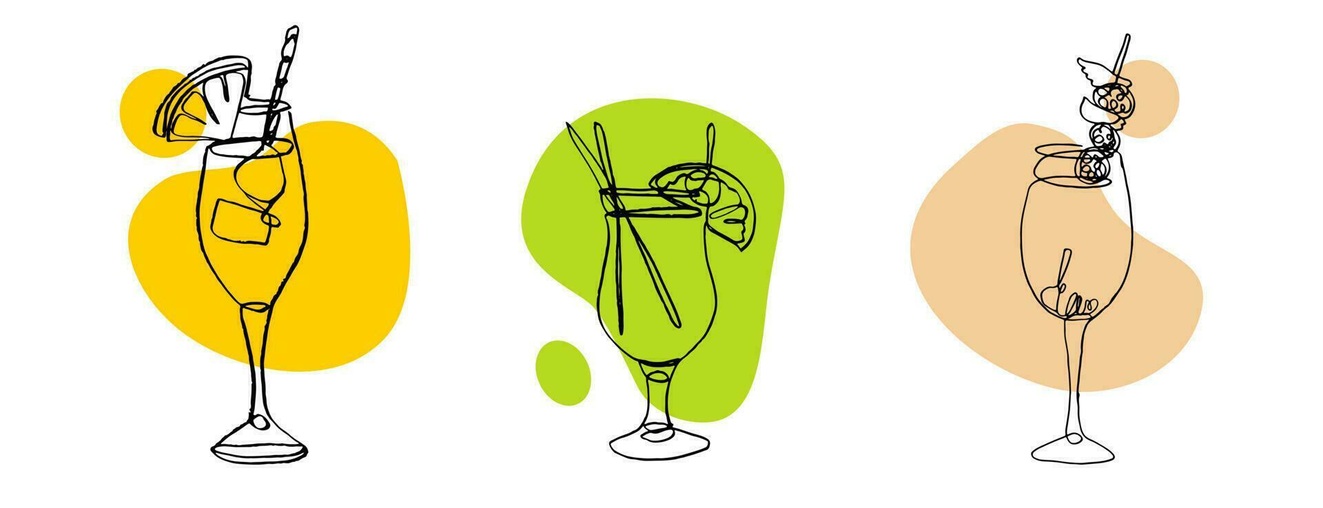 continuous line drawing of exotic cocktail drinks. vector