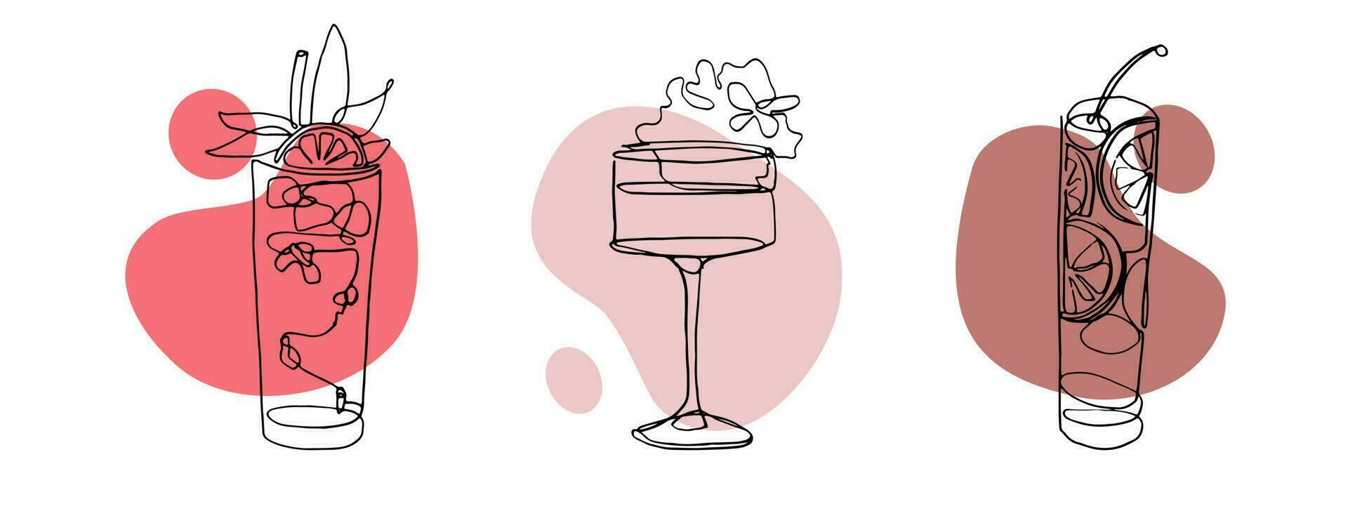 continuous line drawing of exotic cocktail drinks. vector