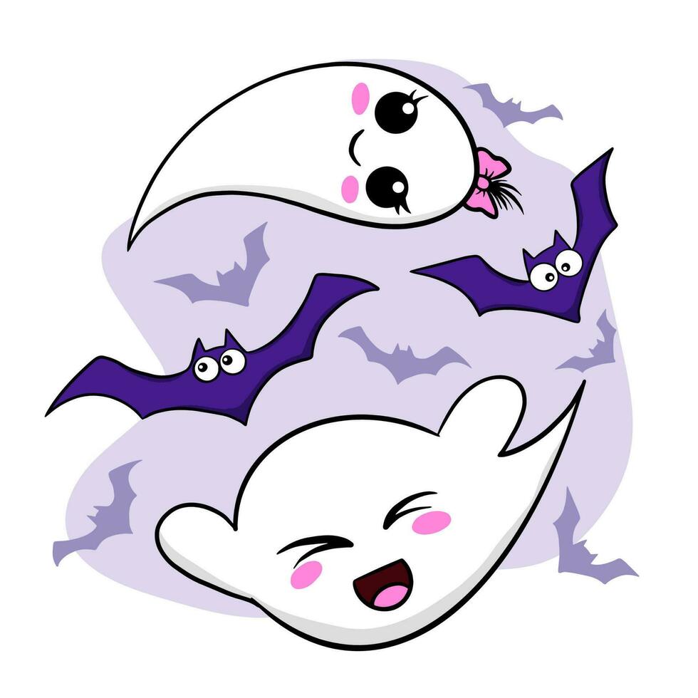 Cute ghost and bats, cartoon vector illustration, Halloween concept