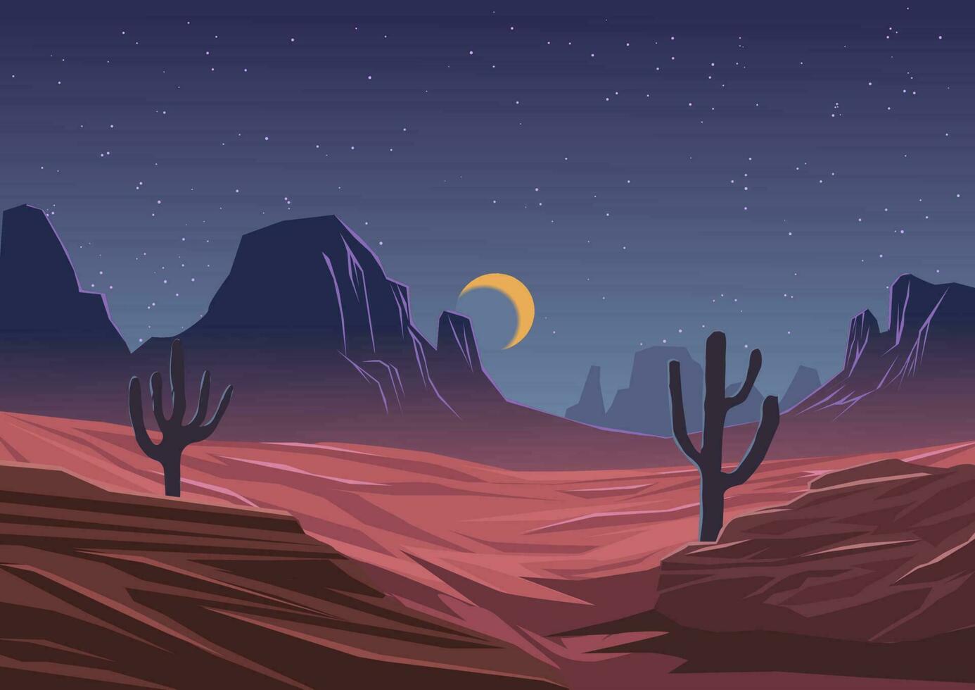 Vector desert night landscape with moon and stars