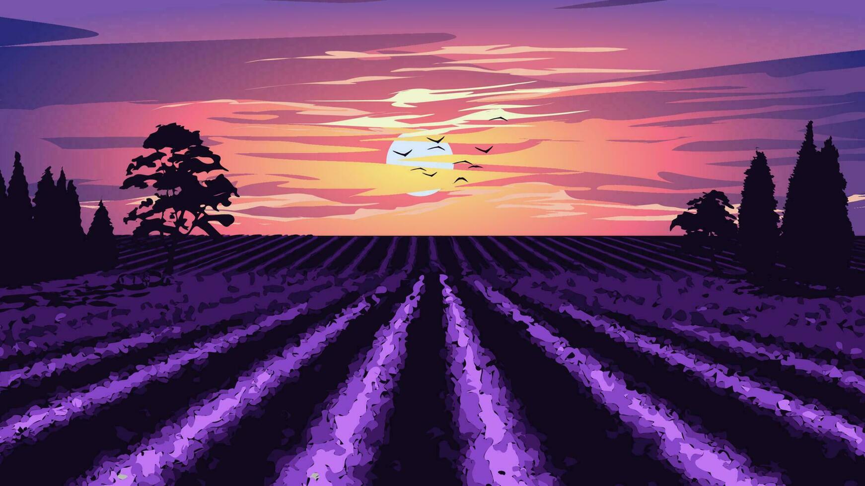 Vector sunrise illustration with dramatic sky and trees in silhouette