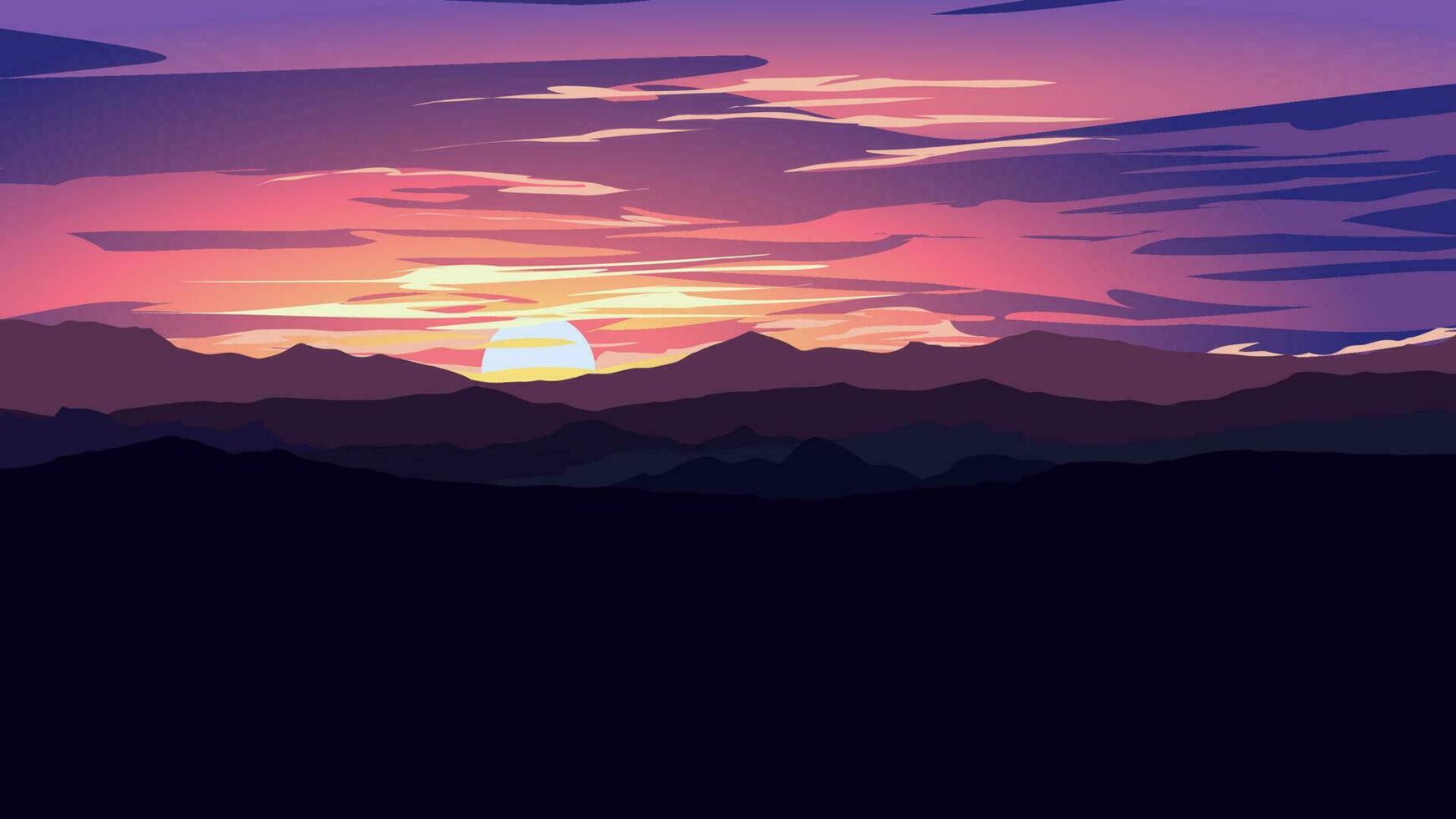 Minimalistic vector sunset background with mountains against sunset