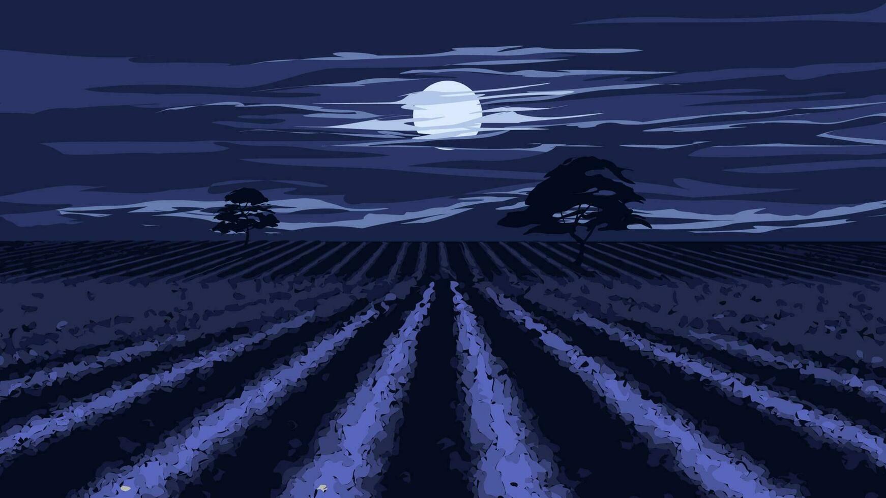 Vector night scene illustration with dramatic sky and moonlight over farmland