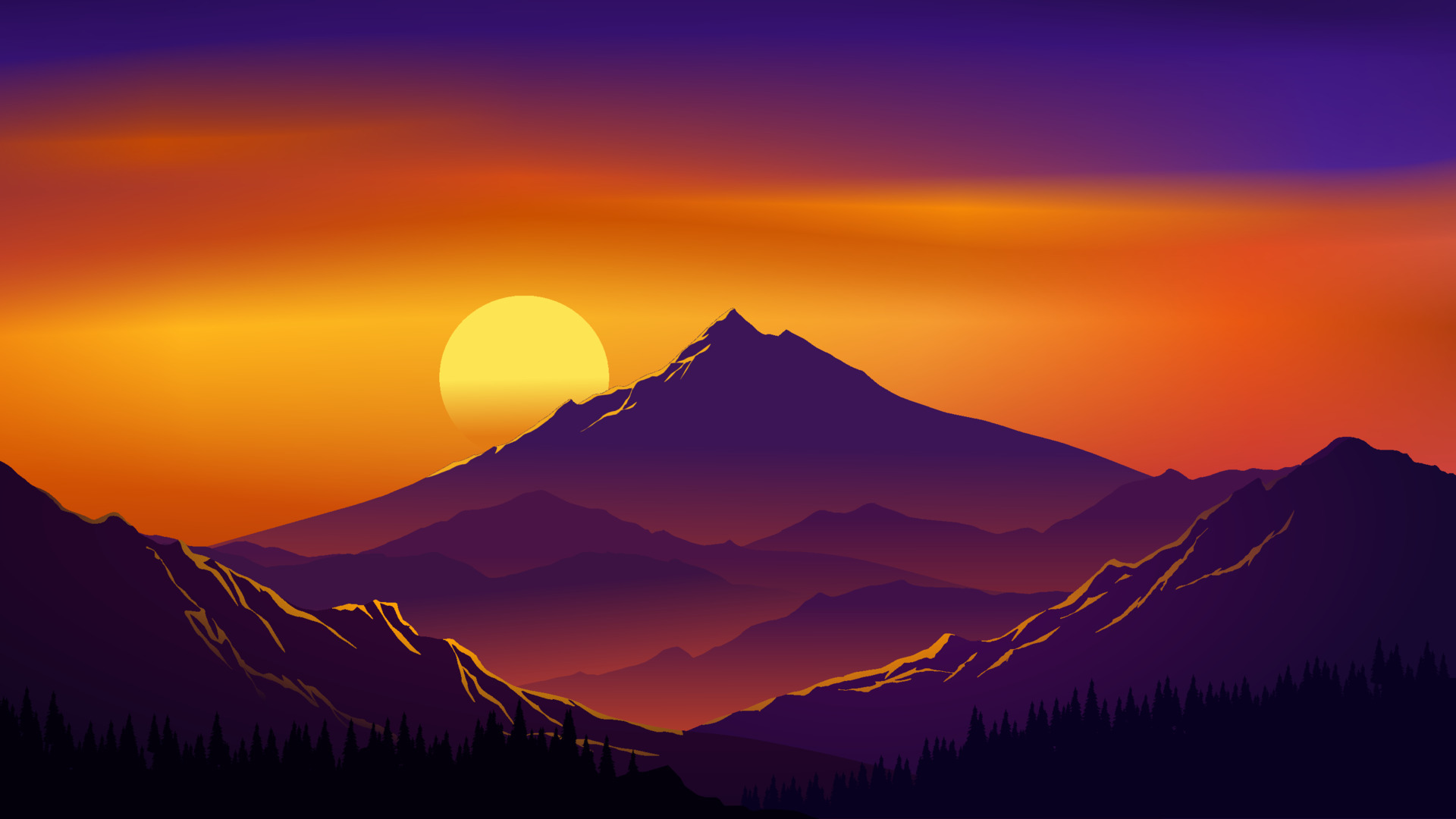 Vector mountain sunset landscape illustration with sun behind the