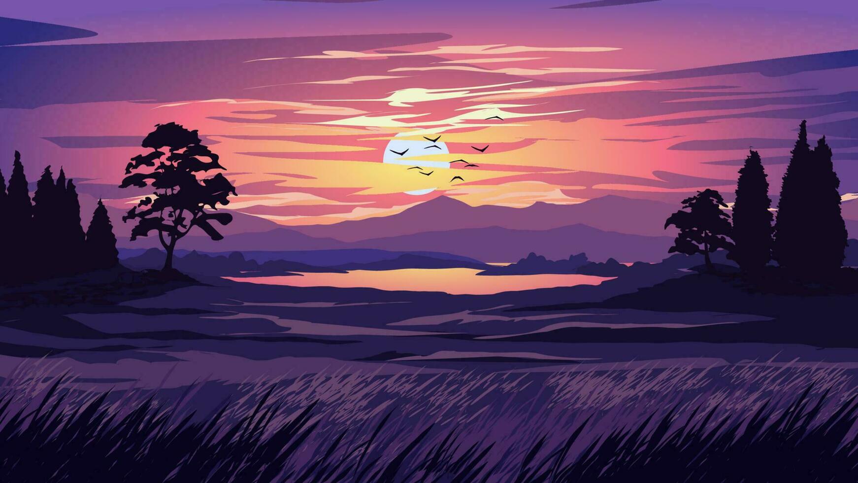 Vector beautiful sunset landscape with meadow and mountain in background