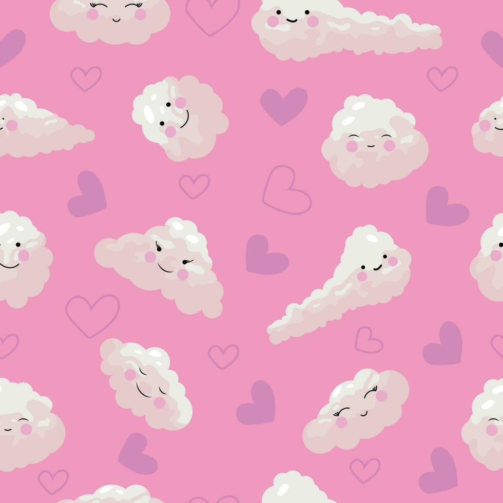 modelo sin costura con rosado linda nubes y corazones. diseño para tela, embalaje, fondo de pantalla. vector diseño.