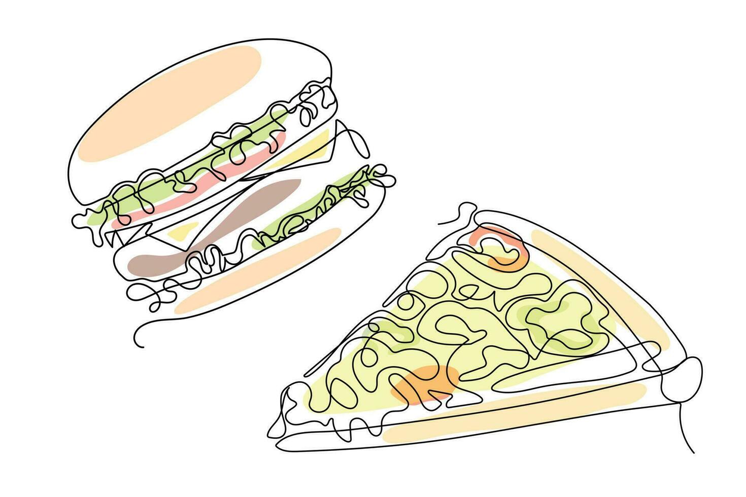 Pizza y hamburguesa en línea Arte estilo. rápido comida vector ilustración para menú, embalaje, cafetería, diferente diseño.