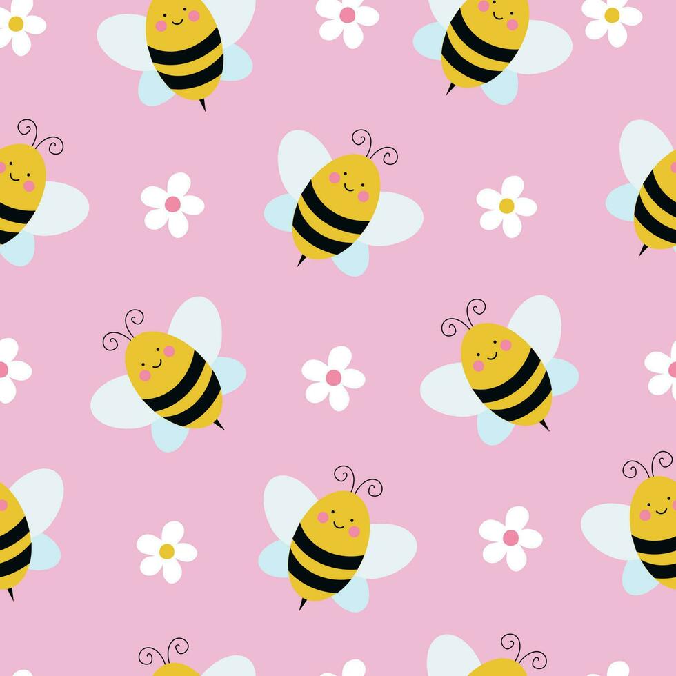 Seamless pattern with cute cartoon kawaii bees, hand drawn floral vector illustration background