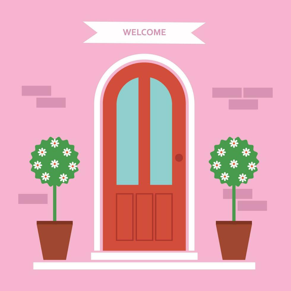 casa frente puerta vector ilustración con flores
