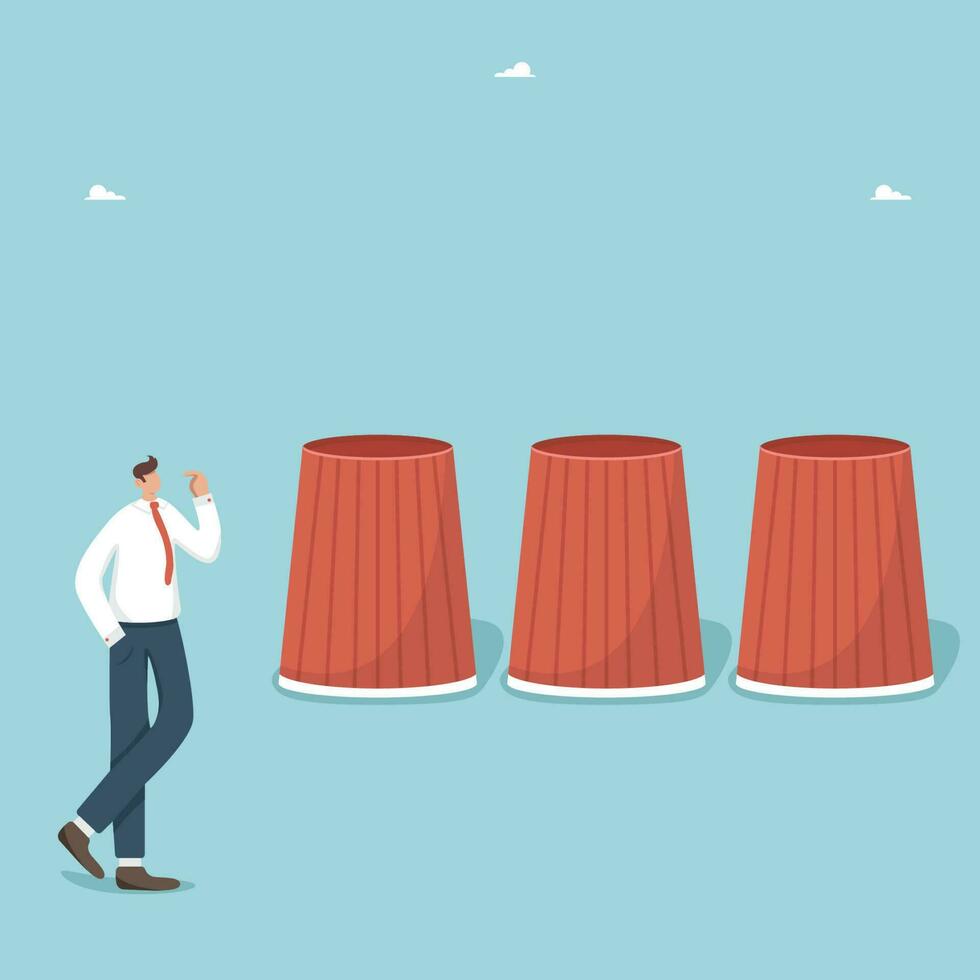 Make the right decision, follow the right direction or strategy to succeed, develop a plan to get a reward or bonus, thought process and intuition, a man is playing a game of cups to find the prize. vector