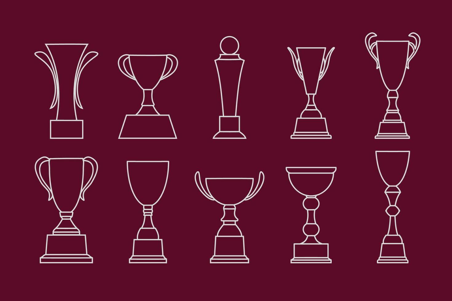 Vector set of award cups in the form of silhouettes of lines on a burgundy background. EPS10