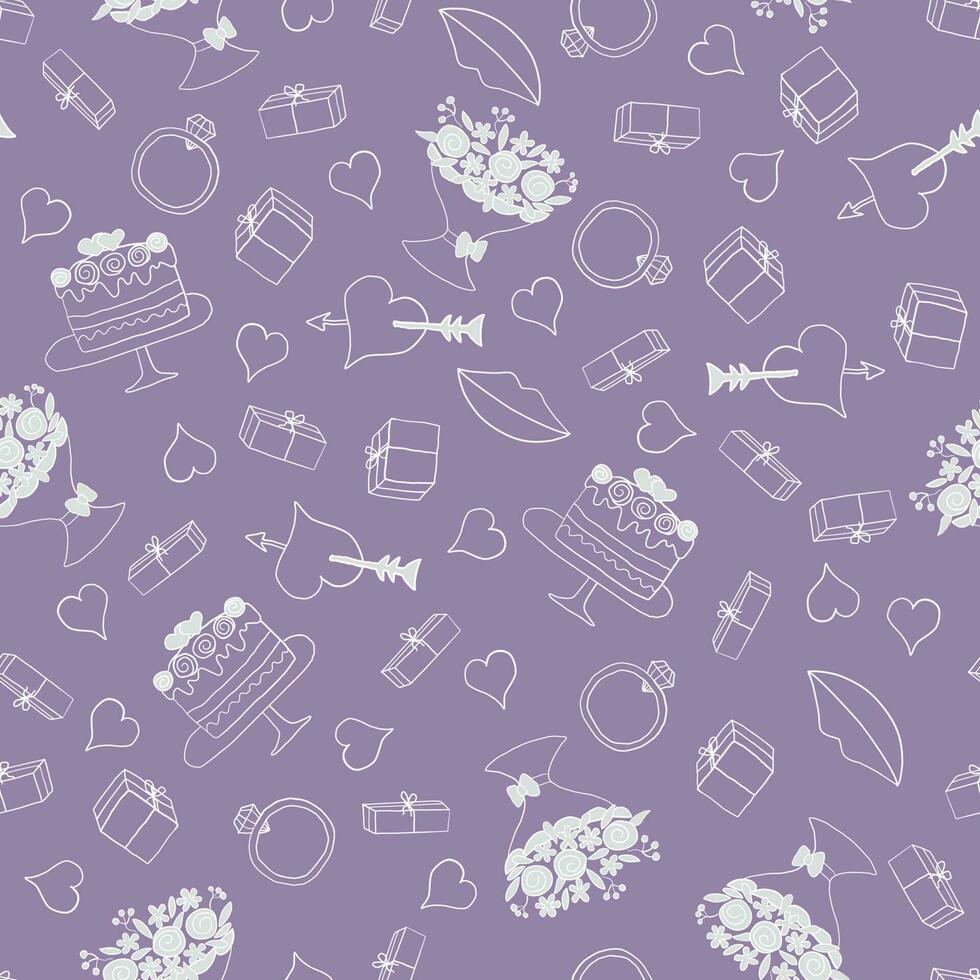 Wedding Vector seamless pattern of line art icons. Hand drawn love symbols. Vector Illustration