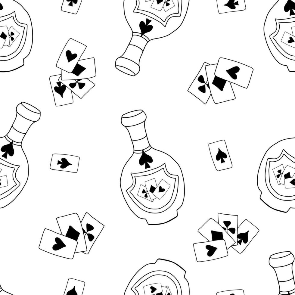 Seamless pattern with hand drawn doodle cognac bottle with playing cards on the label. Black elements on a white background vector