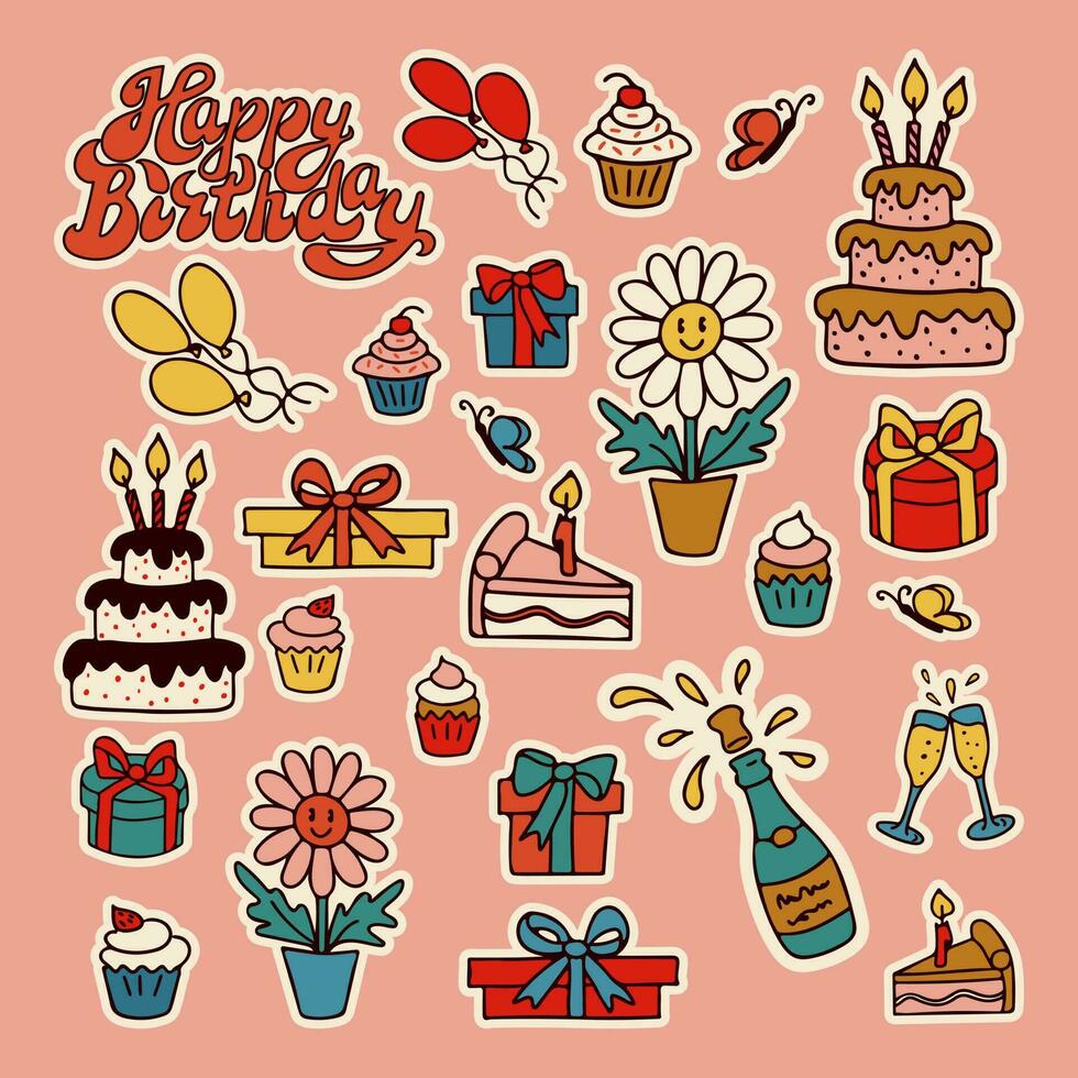 Retro styled hand drawn isolated set of stickers for birthday party. Cupcakes with cream, strawberries and cherries, champagne with wine glasses, birthday cake with candles, gifts Unique vector design