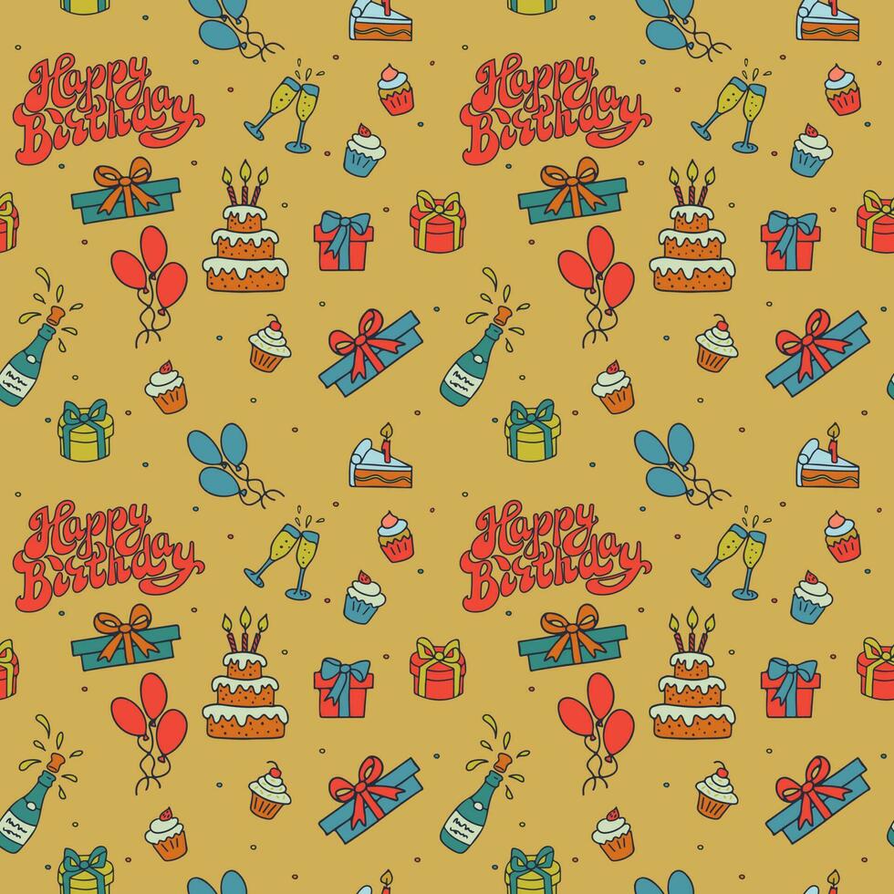 Nostalgia birthday seamless pattern with cartoon hand drawn elements for party. Unique vector design in retro flat style. Suitable for fabric, wallpaper, wrapping, background, interior decor, poster