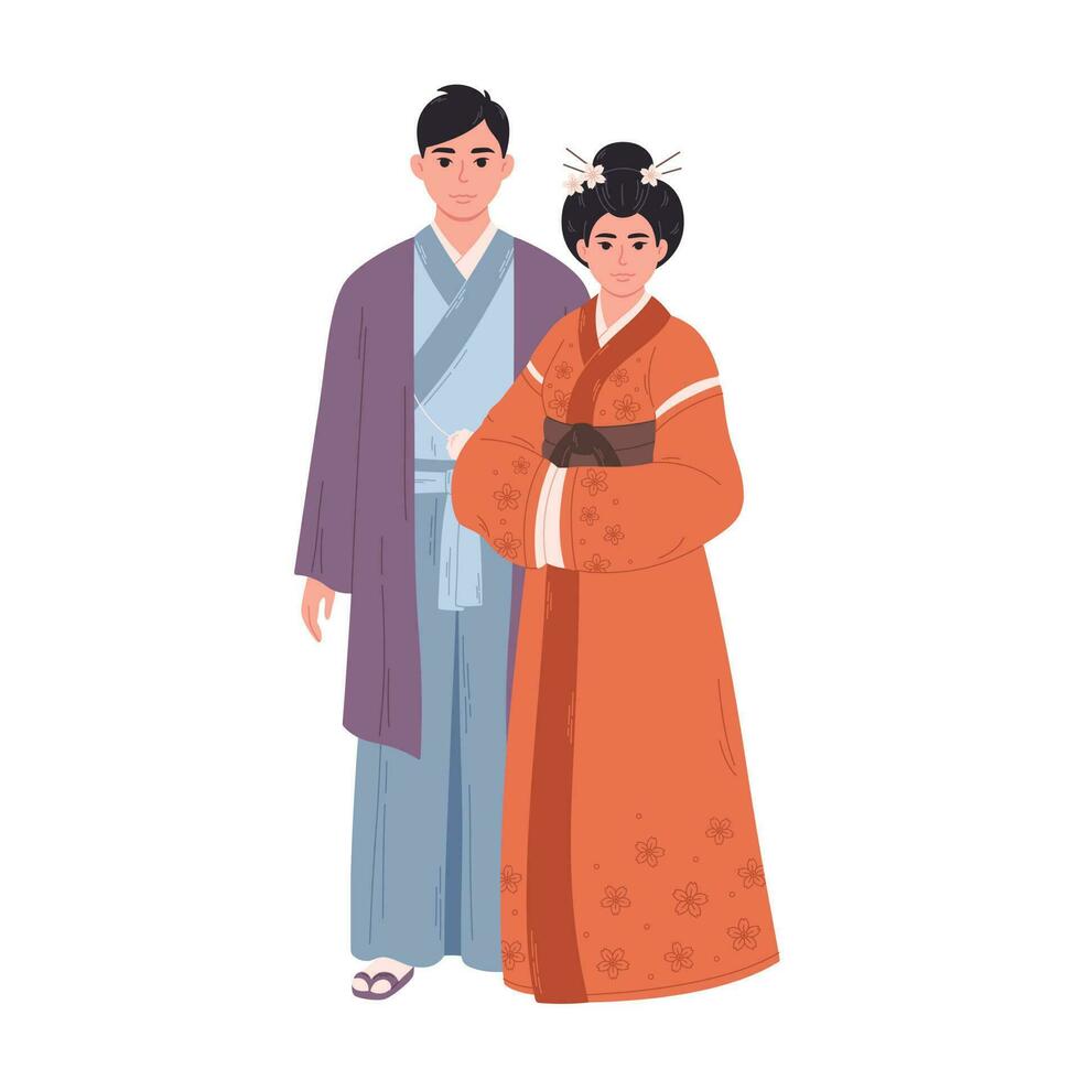 Japanese couple in traditional clothing. Asian man and woman, asian culture, ethnicity vector