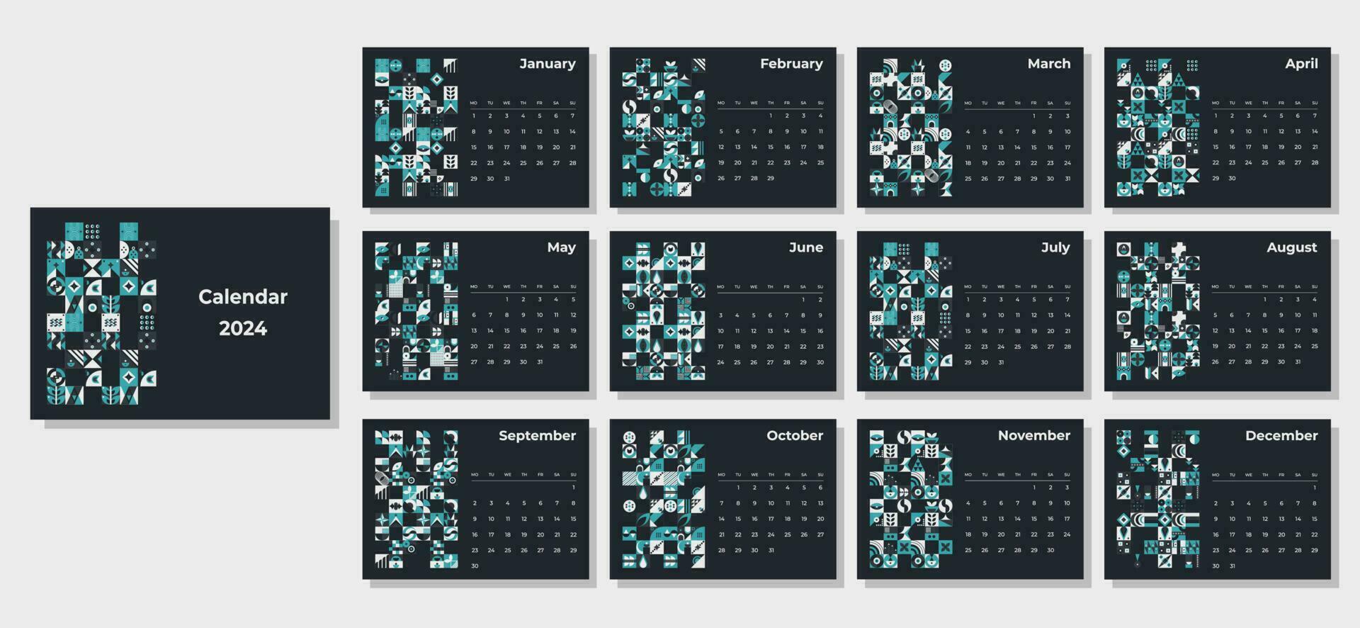 Calendar 2024 geometric patterns. Monthly calendar template for 2024 year with geometric shapes. vector