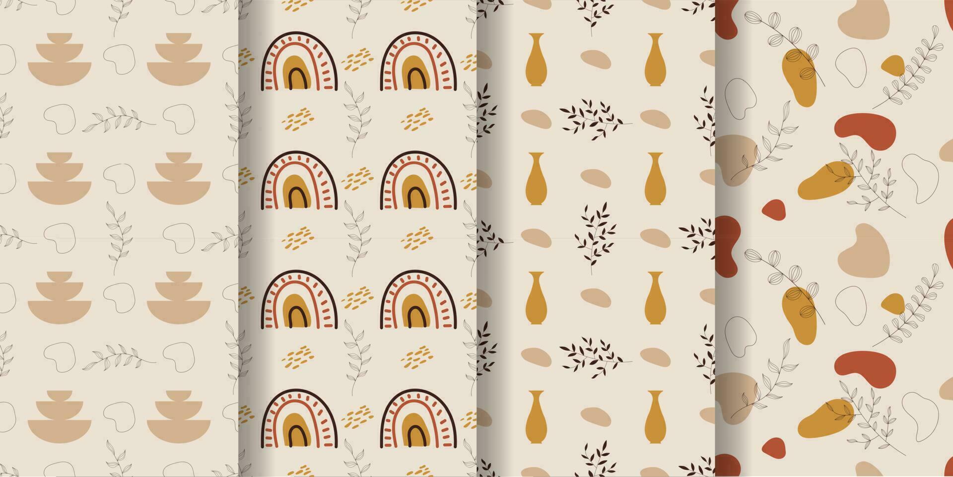 estético patrones. boho patrones. conjunto de sin costura modelo con arcoiris, sol, hojas, florero, puntos y resumen formas en boho y estético estilo. vector ilustración.