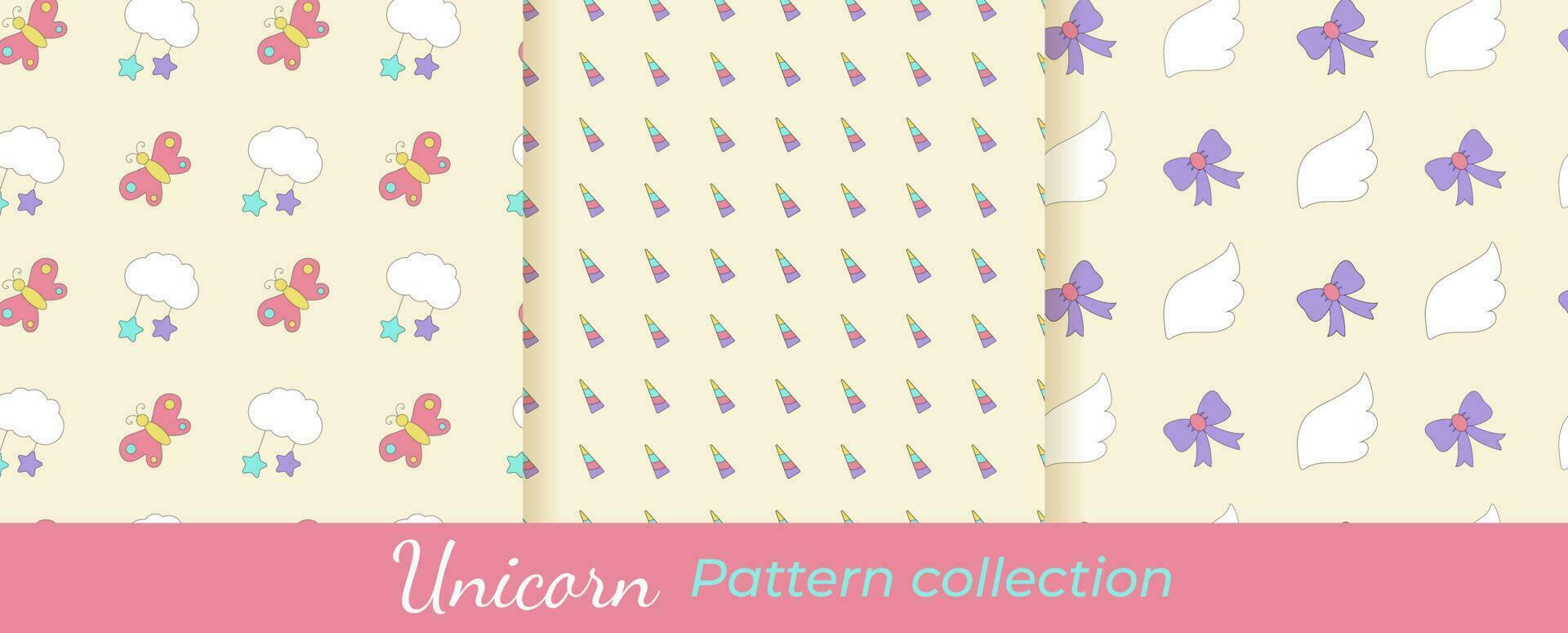 colección de unicornio patrones. mágico vector patrones colocar. sin costura patrones con nubes, cuernos, mariposas, alas, arcos, estrellas.