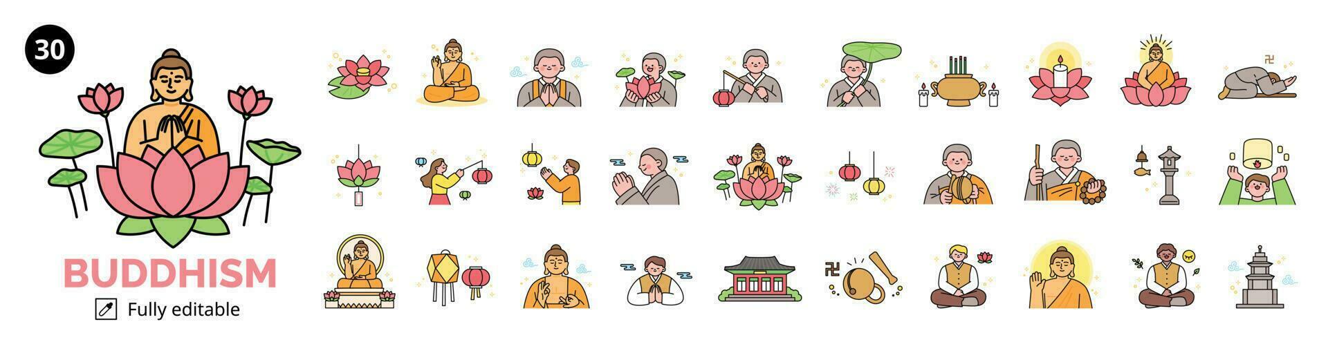 Buddhist monk character and lotus lantern event. mega set. vector