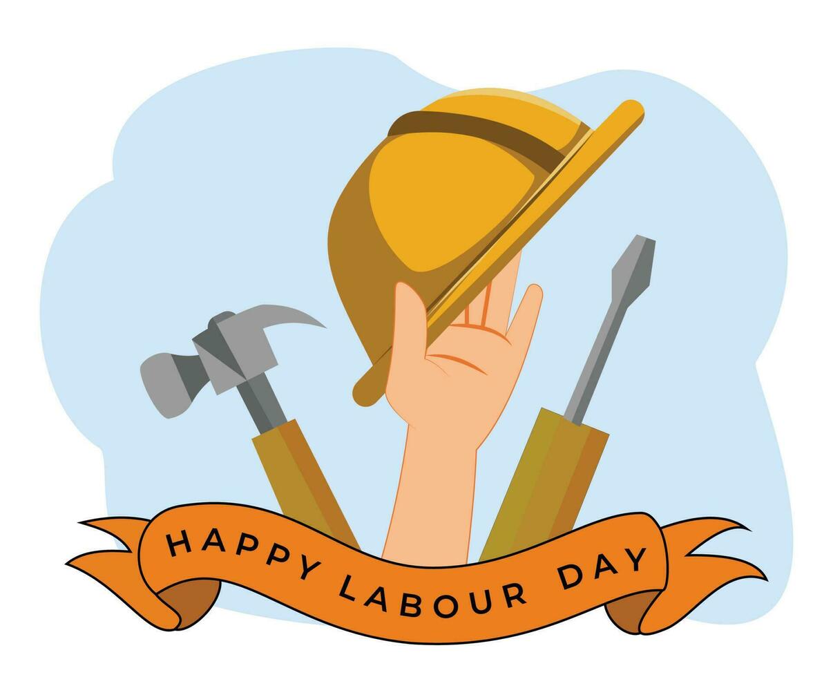 and holding project helmet. hammer and screwdriver icon. labour day background illustration. craftsman. laborer vector