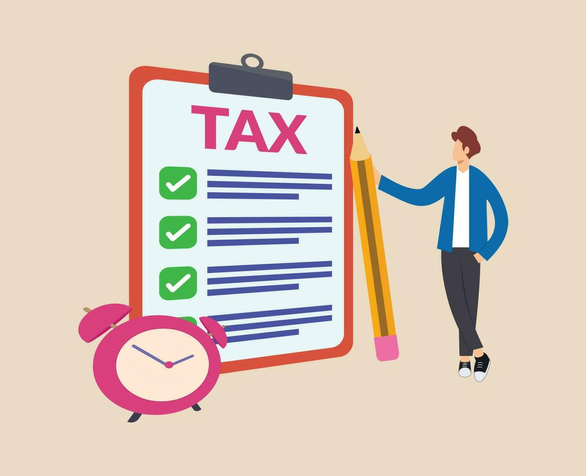 man filling tax document. illustration of cartoon man filling tax form