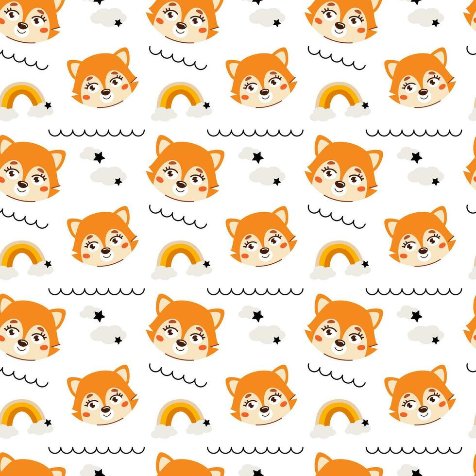 Cute kids seamless animal pattern. Fox cub pattern in the clouds. Print on fabric, paper and design. Vector illustration
