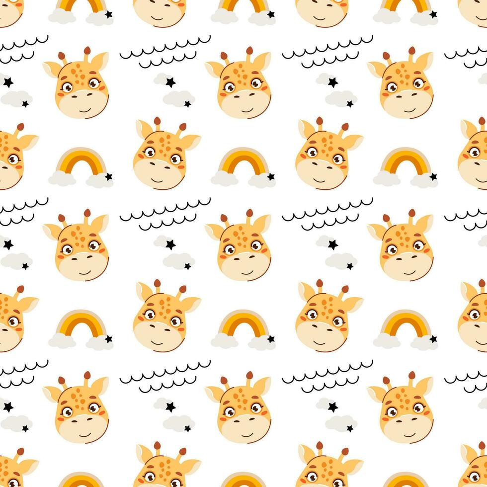 Cute kids seamless animal pattern. giraffe cub pattern in the clouds. Print on fabric, paper and design. Vector illustration