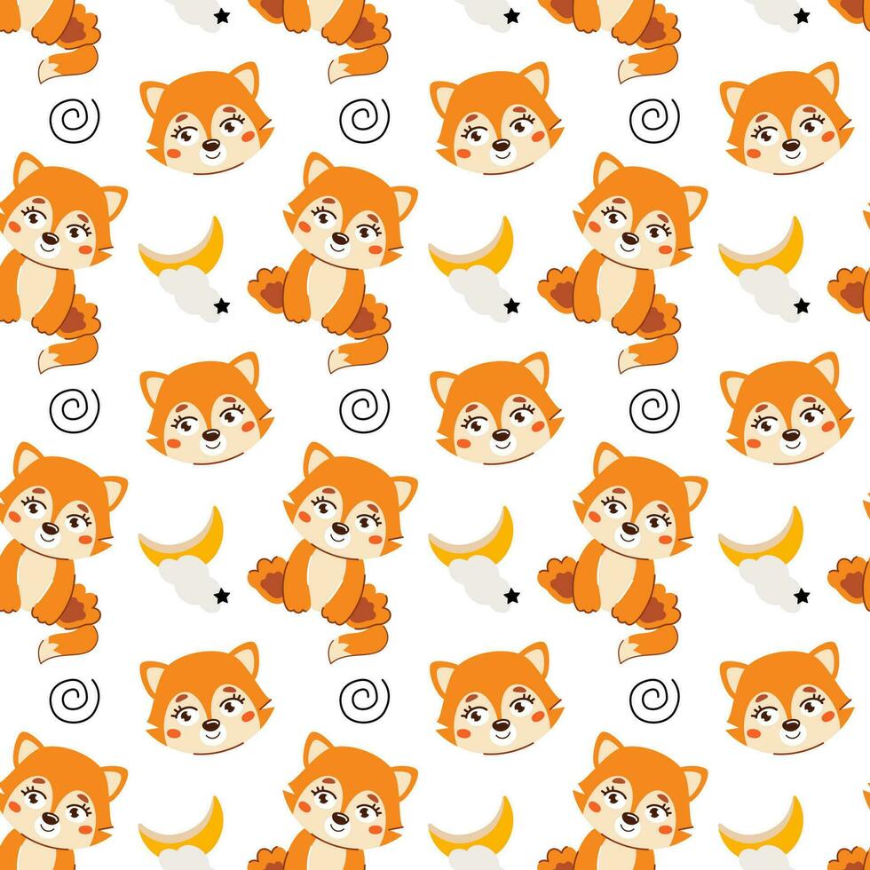 Cute kids seamless animal pattern. Fox cub pattern in the clouds. Print on fabric, paper and design. Vector illustration