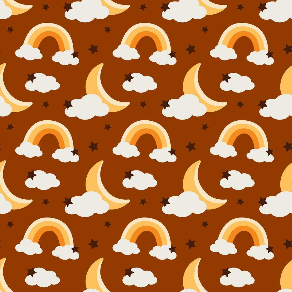 Children's rainbow pattern. Children's boho pattern. Seamless background for cute kids' nursery. Cute cloud, boho moon, rainbow. Vector illustration