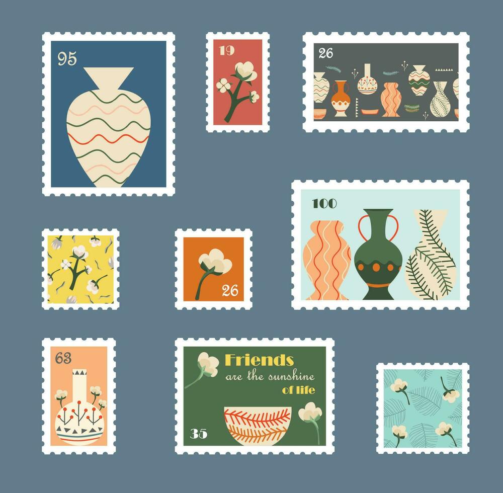 Collection of hand-drawn post stamps with clay art, crockery. Modern vector design boho style. Set of mail and post office isolated drawing