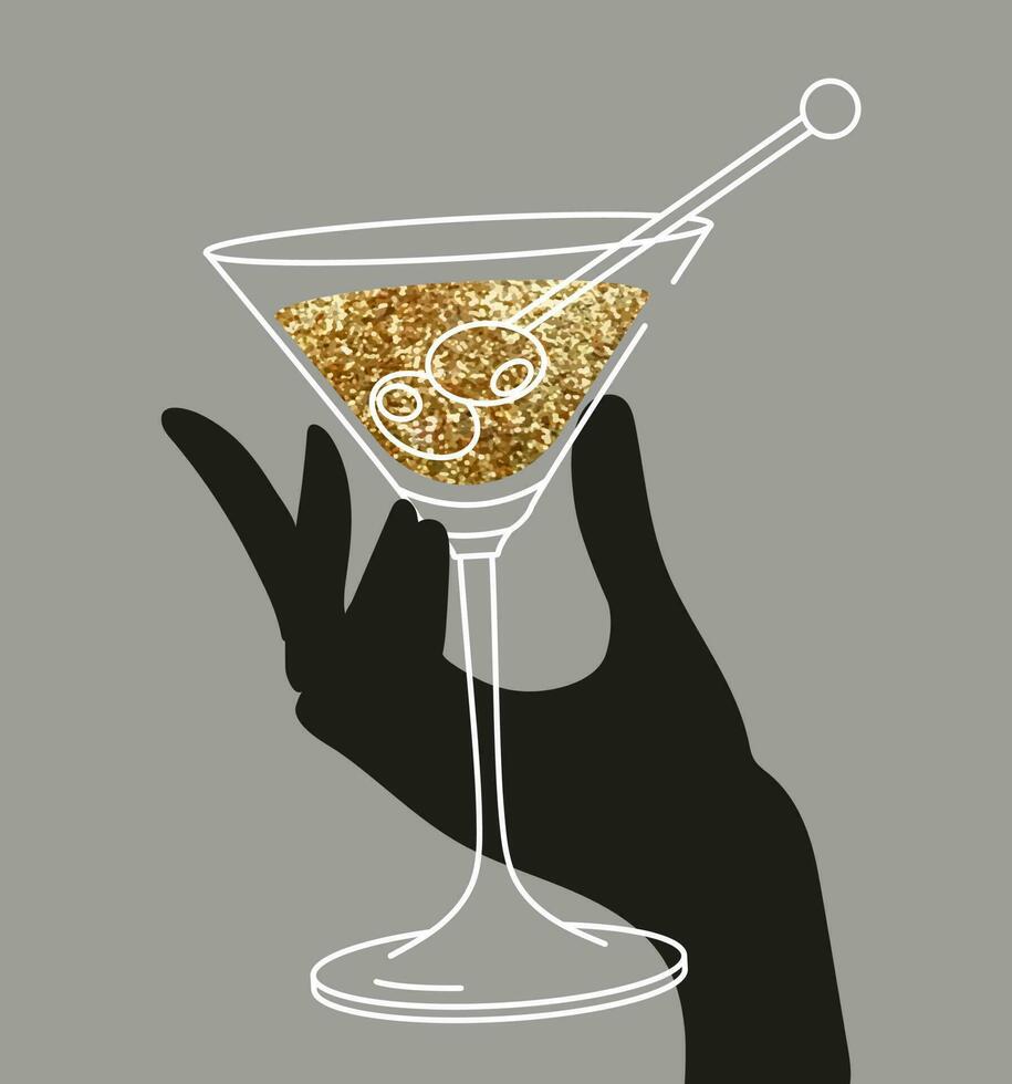 mujer s mano participación vaso de martini con Olivos. plano ilustración para saludo tarjetas, postales, invitaciones, menú diseño. línea Arte modelo vector