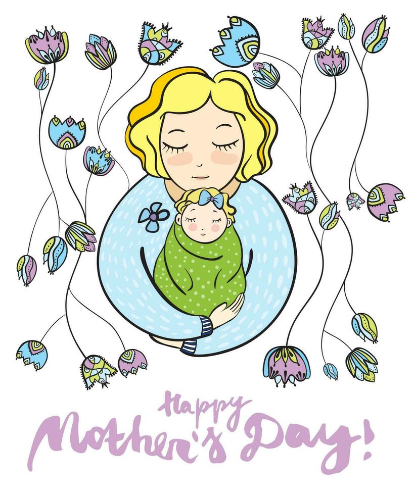 Mother's day greeting card. Mom hugs child. Calligraphy phrase Happy Mother's Day. Linear illustration vector