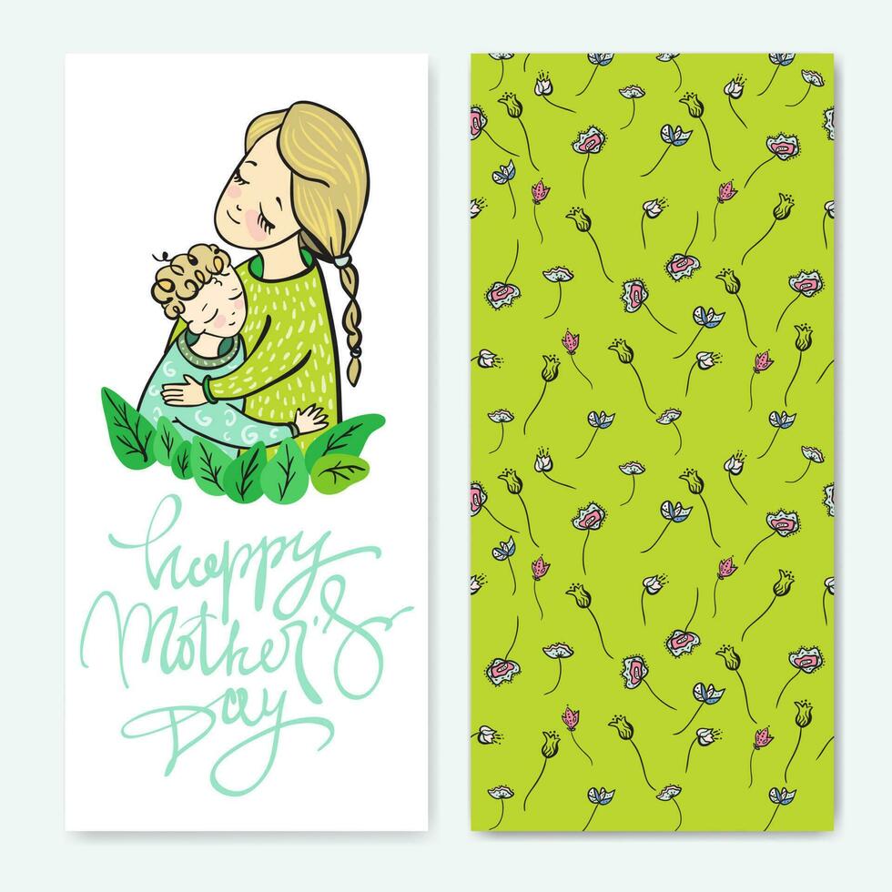 Happy Mother's day greeting card with floral pattern. Mom hugging child. vector