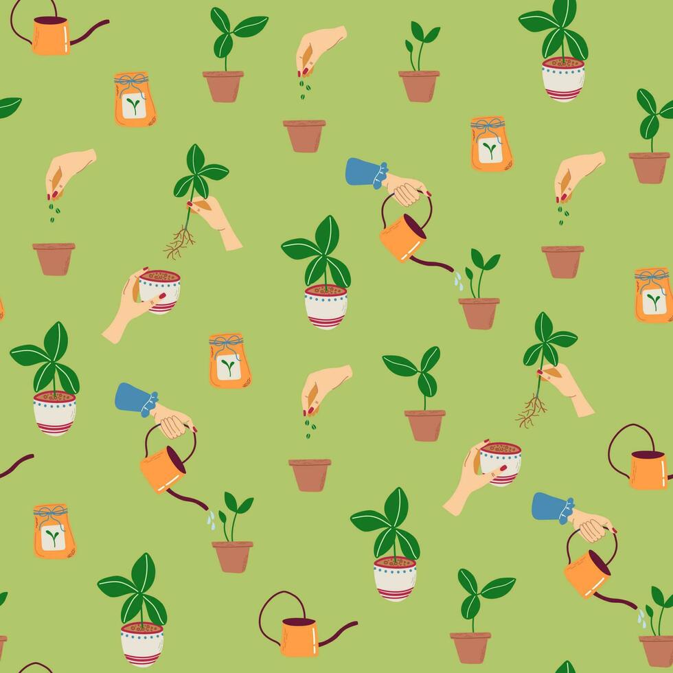 Seamless pattern with home gardening elements, DIY activities. Home gardening and plant care concept. Hand drawn abstract vector background.