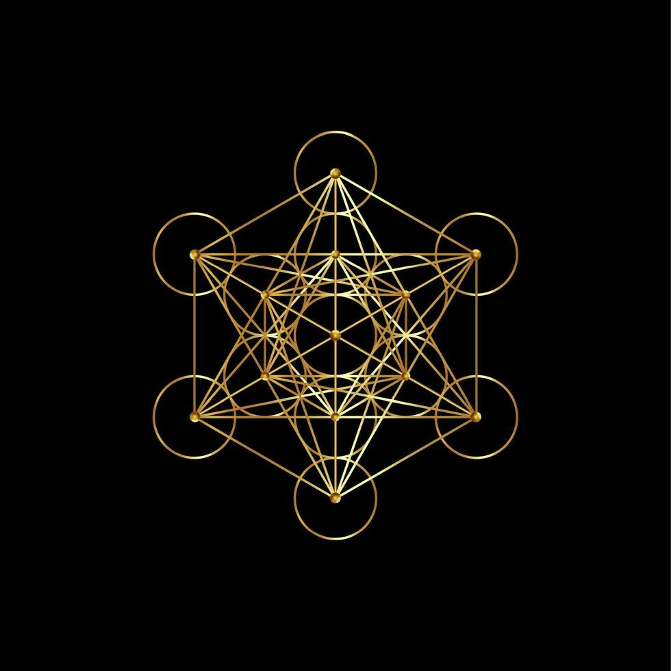 Gold Metatrons Cube,  Flower of Life. Sacred geometry, golden graphic element Vector isolated on black background. Mystic icon platonic solids, abstract geometric drawing, typical crop circles