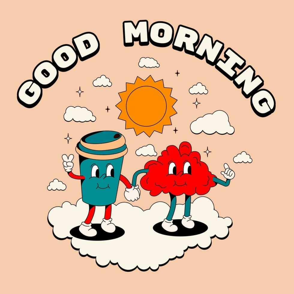 Morning harmony or inner balance concept with funny cartoon characters of coffee and brain walk holding hands isolated on light background for poster or card or t-shirt print design vector