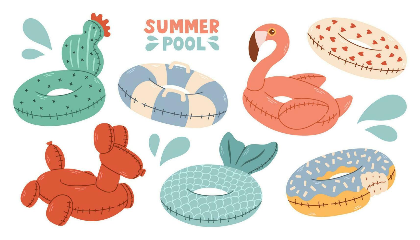 Summer pool rubber ring set. Set of swim rings on white background. Inflatable rubber toy for water and beach. vector