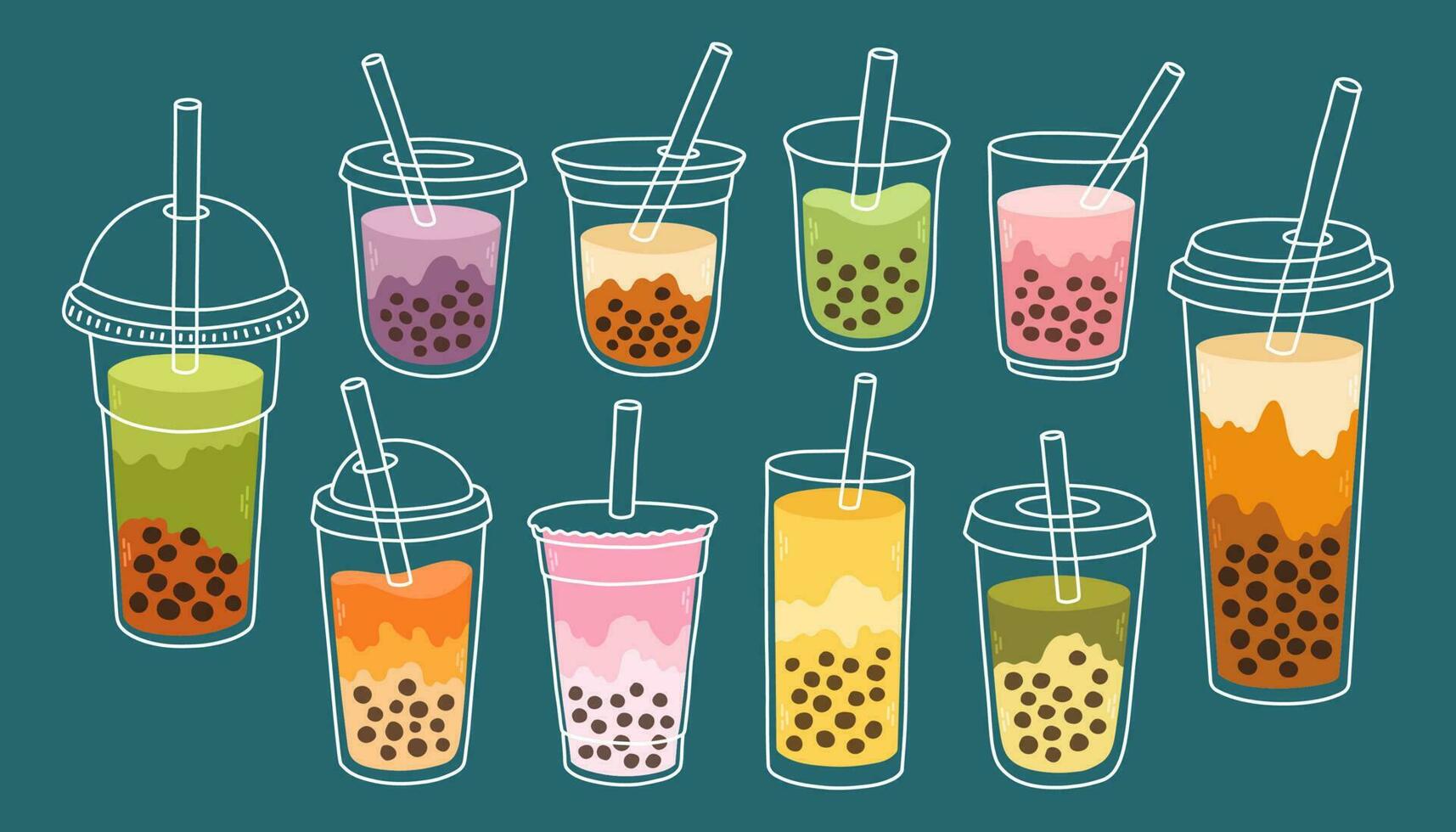 Bubble Milk Tea set. Milk tea with tapioca pearls. Boba tea. Asian Taiwanese drink. Hand drawn colored trendy vector. vector