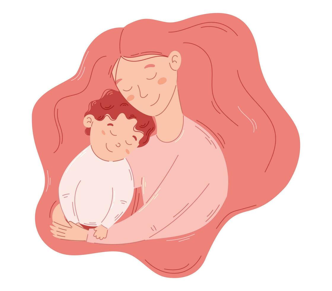 Flat vector isolated Mom and son hugging. Cute Young woman with lush hair embracing a child.