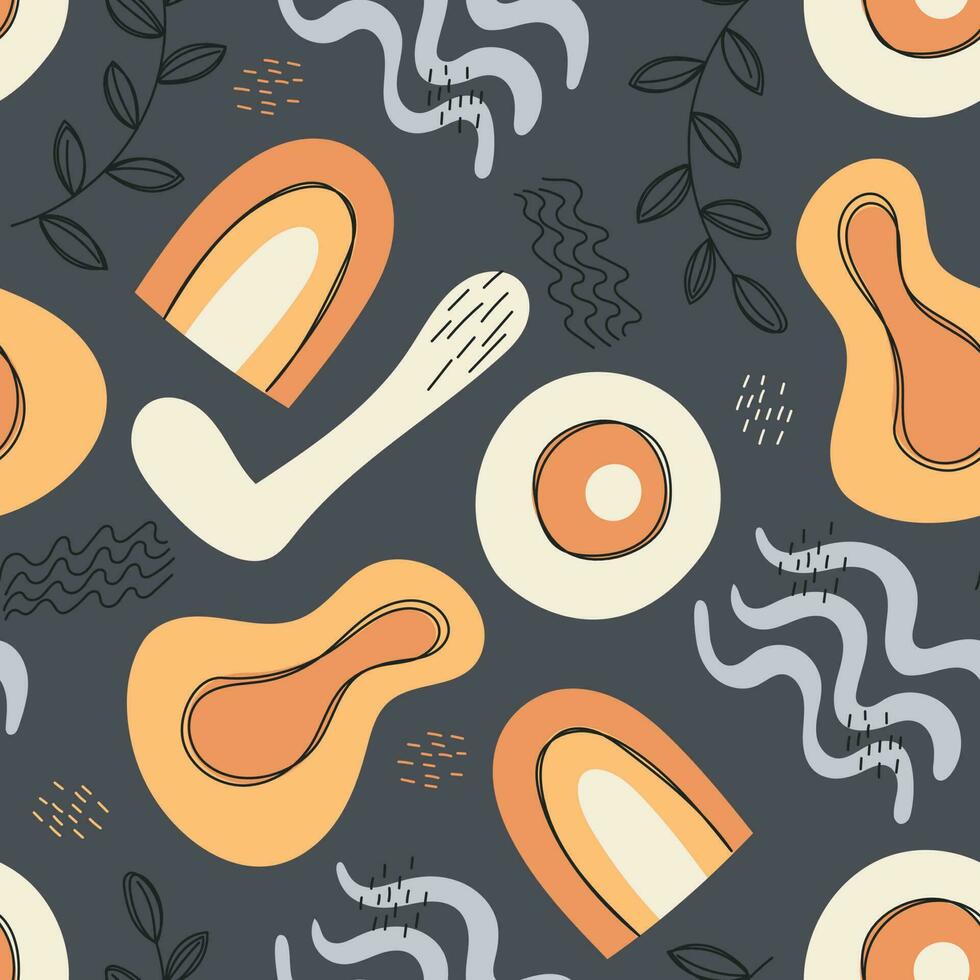 Vector seamless pattern with abstract figures and blotch shapes. Flat retro doodle elements.