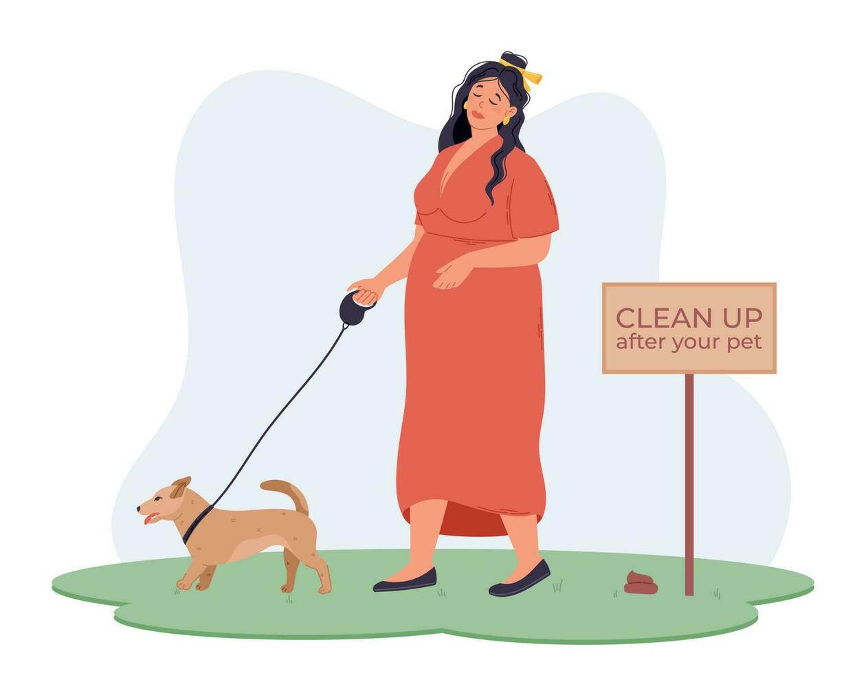 Clean up after your Pet Concept, a sign with the rules. Young cartoon overweight woman walking a dog on a leash breaking the law. Nature pollution vector flat illustration.