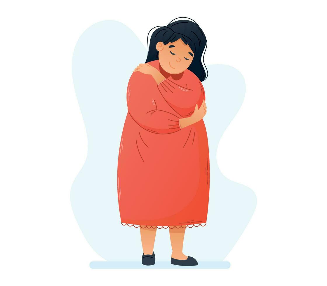 Self Love and Body Positive Concept. Young fat flat woman hugging herself. Vector isolated cartoon illustration.
