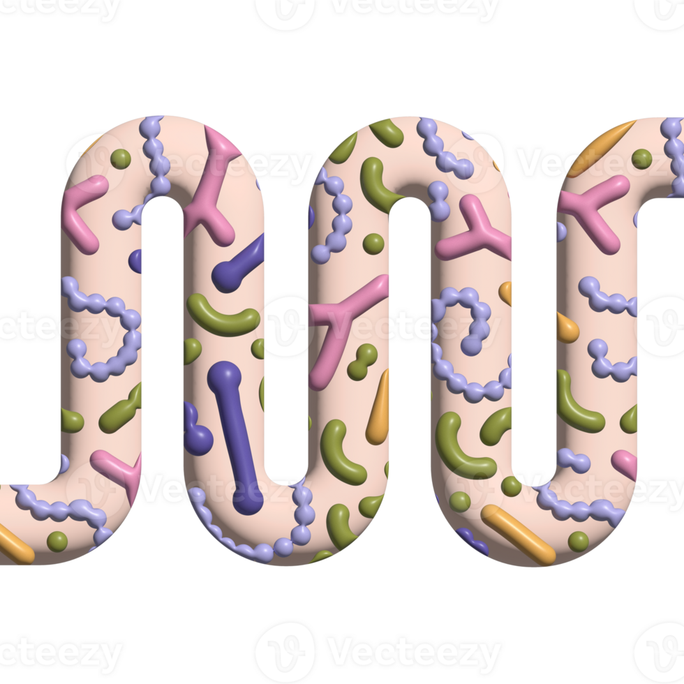 3d render Gut microbiome banner with abstarct guts. Human intestine microbiota with healthy probiotic bacteria. Volume abstract medicine illustration of microbiology checkup. png