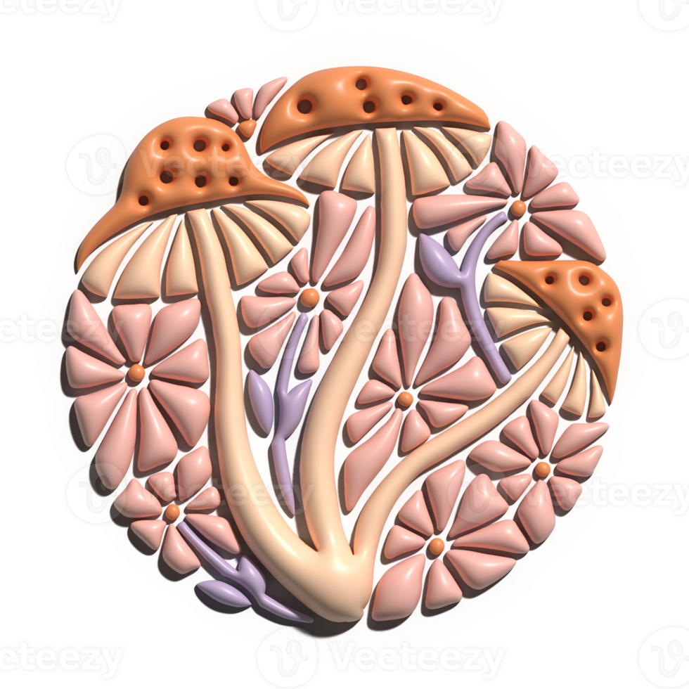 astratto aestheyic 3d rendere carta con hippie stile fiori e funghi sfondo - 70 S Groovy a tema astratto grafico tee Stampa. il giro forma composizione. png