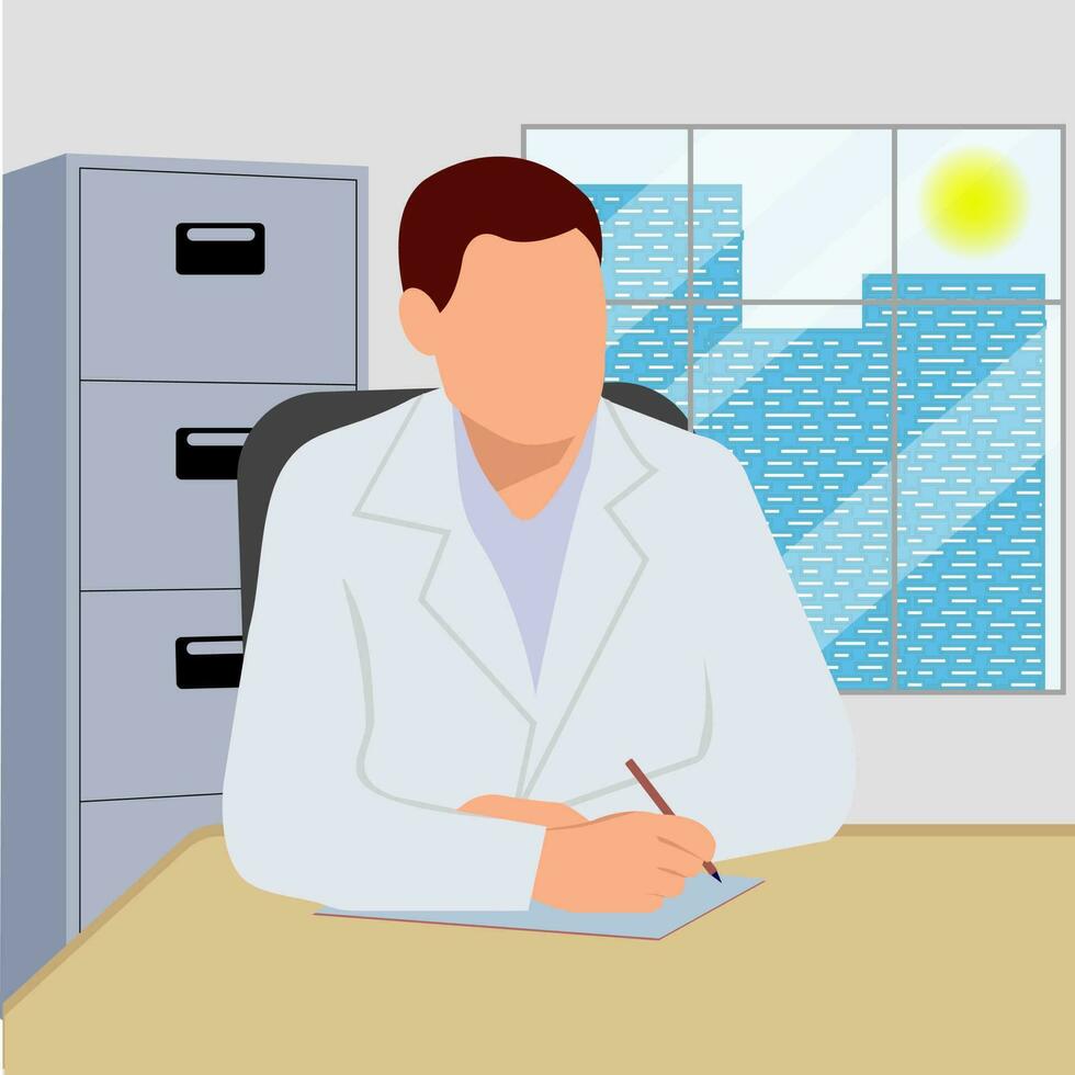 The doctor sits at a table in his office. The concept of medicine, healthy lifestyle. Vector image