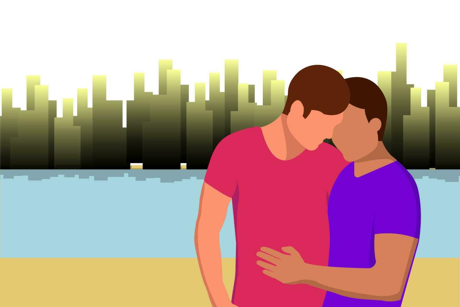 Two guys stand hugging on the river bank against the backdrop of the city. Vector image