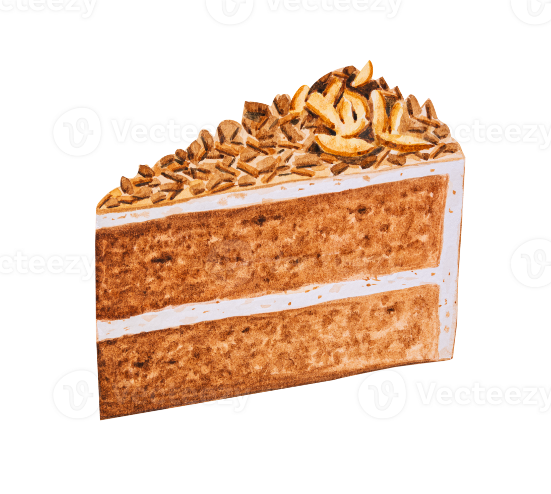 Chocolate cake with almonds slice, hand drawn watercolor png